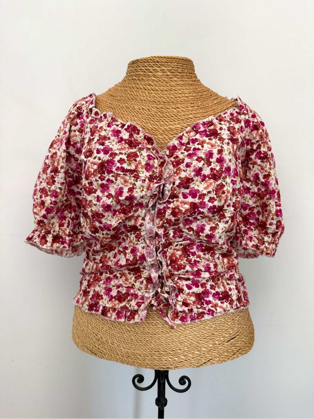 Ruffle-Trim Tie Front Blouse in Pink Floral